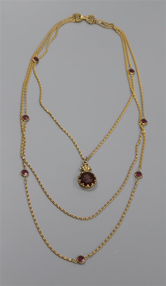 A Victorian gilt metal and paste set guard chain with paste set intaglio pendant, pendant 37mm.